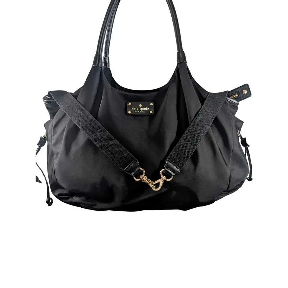 KATE SPADE! LUXE BLACK NYLON SATIN,VEGAN LEATHER, MULTI POUCH DIAPER BAG, PURSE!